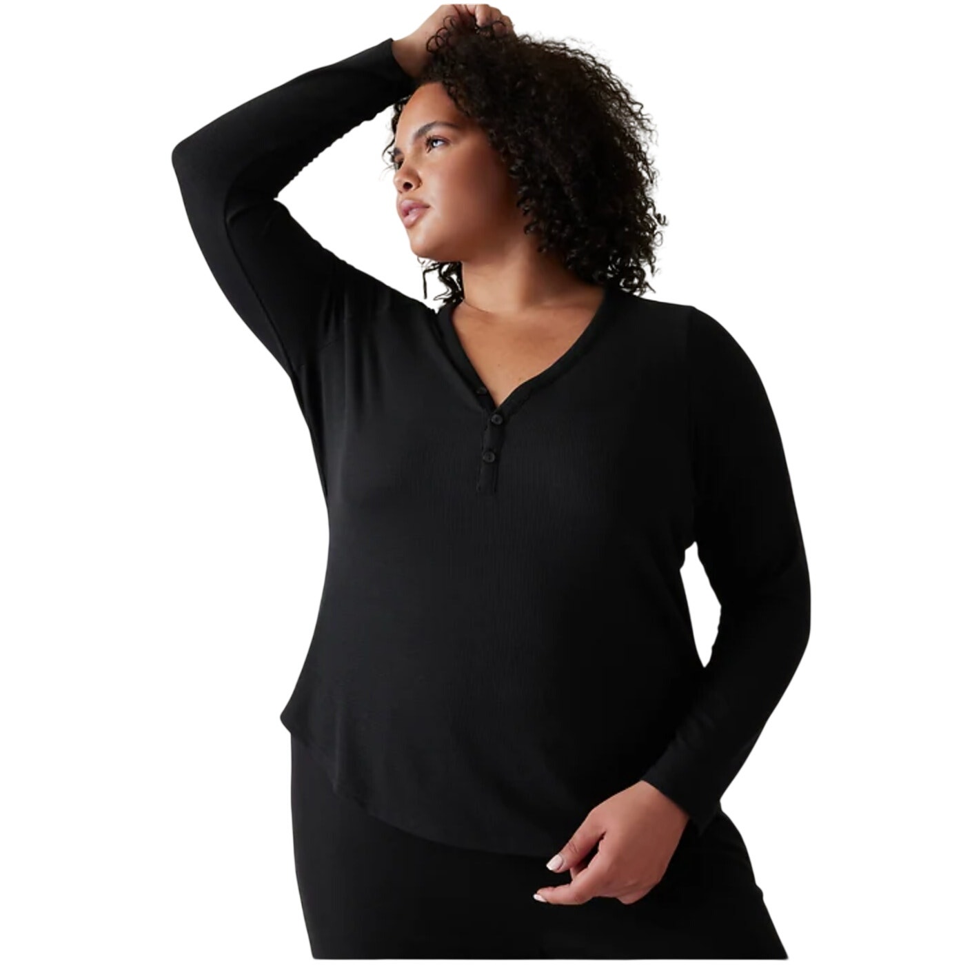 Athleta Lounge Top Size Xl Black Waffle Knit Henley Soft Cozy Travel Layering